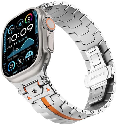 RVS schakel bandje - geschikt voor Apple Watch 1/2/3/4/5/6/7/8/9/10/11/ SE (1,2,3) met maat 38 mm / 40 mm / 41 mm en 42 mm (Watch 10/11) - vlindersluiting - zilver oranje