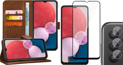 Hoesje geschikt voor Samsung Galaxy A13 4G - Book Case Kunstleer Wallet Cover Portemonnee Pasjeshouder Hoes Bruin - Full Tempered Glass Screenprotector - Camera Lens Protector