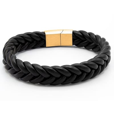 Victorious Gevlochten Leren Armband Heren – RVS Roestvrijstaal Sluiting – Zwart/Goud – 19.5cm