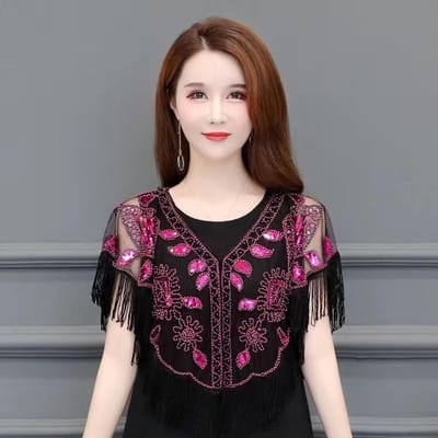 Vrouwen Jaren 1920 Lovertjes Sjaal Met Kwastjes Kralen Parel Fringe Sheer Mesh Wraps Gatsby Flapper Bolero Cape Cover Up roze