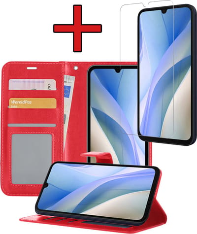 Hoesje - Met Screenprotector - Geschikt voor Samsung Galaxy A15 - Luxe Pasjeshouder - Flipcase - Bookcase Portemonee - Flip Case - Kunstleer Book Case - Book Cover - Walletcase - Portemonneehoes - Telefoonhoes - Rood
