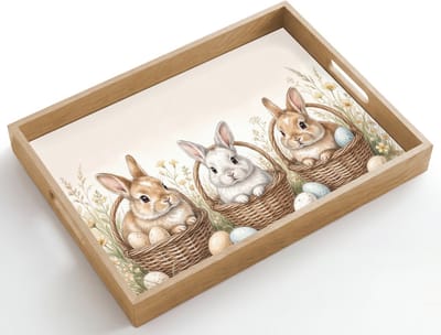 Dienblad hout 50x35 cm - Schootdienblad - Konijnen - Eieren - Bloemen - Pasen - Borrelplank rechthoek - Plateau dienbladen
