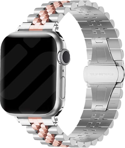 Strap-it Jubilee stalen schakel band - Geschikt voor Apple Watch bandje - Series 1/2/3/4/5/6/7/8/9/10/11/SE/SE2/SE3 - Zilver/Rose Gold - Staal/metalen luxe band met vlindersluiting - RVS iWatch bandje voor maat: 38 / 40 / 41 / 42mm