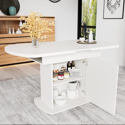 Uitschuifbare Houten Eettafel met Opbergruimte - Ovale Keukentafel Wit