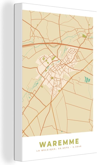 Canvas Schilderij Kaart - Vintage - Retro - Stadskaart - Waremme - Plattegrond - 20x30 cm - Wanddecoratie