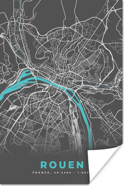 Poster Rouen - Frankrijk - Stadskaart - Kaart - Plattegrond - 120x180 cm XXL