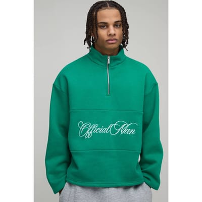 Oversized Boxy Official Man Quarter Zip Panel Sweatshirt | Forest | Size XS