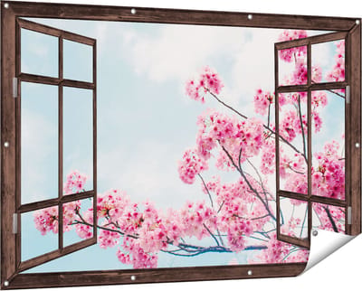 Gards Tuinposter Doorkijk Roze Bloesemboom - Bloemen - 150x100 cm - Tuindoek - Tuindecoratie - Wanddecoratie buiten - Tuinschilderij