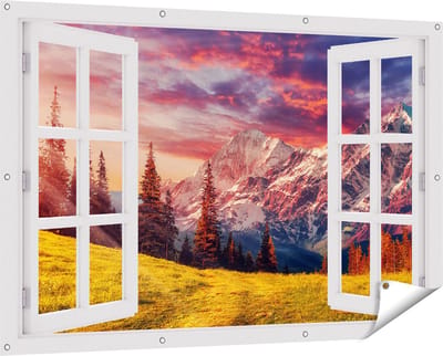 Gards Tuinposter Doorkijk Alpen Landschap met een Kleurrijke Hemel - 150x100 cm - Tuindoek - Tuindecoratie - Wanddecoratie buiten - Tuinschilderij
