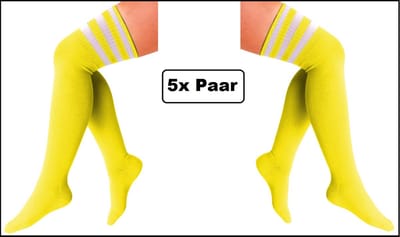 5x Paar Lange kousen geel met witte strepen - maat 36-41 - lies kousen - Carnaval thema feest optocht