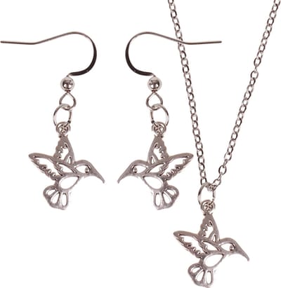 Set - Ketting 55cm - Zilverkleurige Oorbellen - Hangertje Kolibrie zilverkleurig 1,8cm