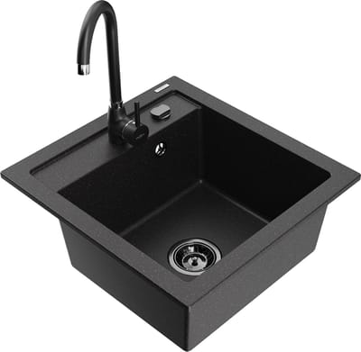Mexen Vito granieten spoelbak 1-komer met keukenkraan Telma, zwart/zilver metallic - 6503-73-670200-70-B