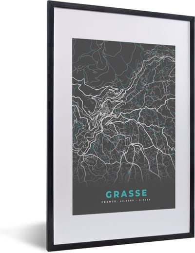 Fotolijst incl. Poster - Grasse - Frankrijk - Stadskaart - Plattegrond - Kaart - 40x60 cm - Posterlijst