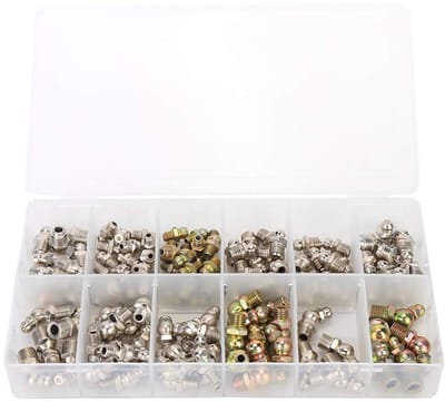 Dailygoods- Smeernippel Assortiment 130 Stuks - M6/M8/M10 - 1/8/1/4 - Rechte/45 Graden - Vernikkeld Ijzer - Hydraulische Zerk Fitting - Smeernippelset