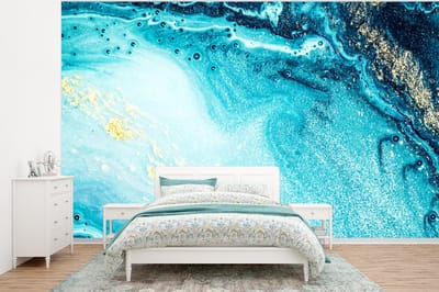 Behang - Fotobehang Marmerlook - Blauw - Goud - Luxe - Glitter - Marmer - Breedte 320 cm x hoogte 240 cm