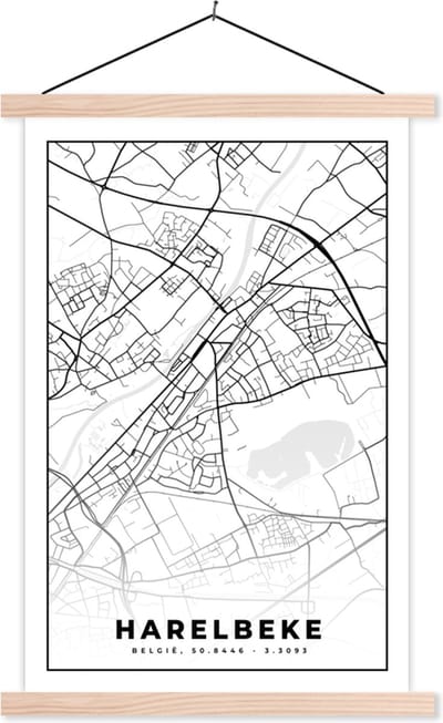 Posterhanger incl. Poster 40x60 cm - Schoolplaat - België – Harelbeke – Stadskaart – Kaart – Zwart Wit – Plattegrond - Textielposter - Blanke latten - Stadskaart
