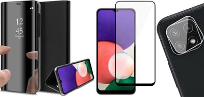 Hoesje geschikt voor Samsung Galaxy A22 5G - Bookcase Zwart - Full Screenprotector - Camera Screen Protector - Spiegel Hoes