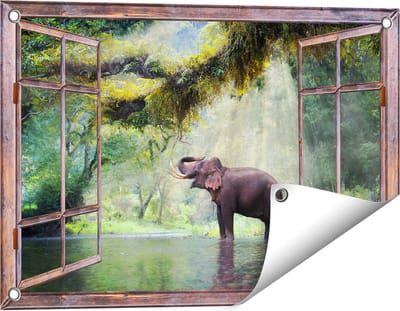 Gards Tuinposter Doorkijk Vrolijke Olifant in het Water - 60x40 cm - Tuindoek - Tuindecoratie - Wanddecoratie buiten - Tuinschilderij