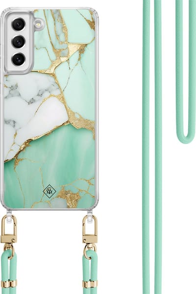 Casimoda® hoesje met koord - Geschikt voor Samsung S21 FE - Marmer Mintgroen - Afneembaar koord - TPU/polycarbonaat - Mint
