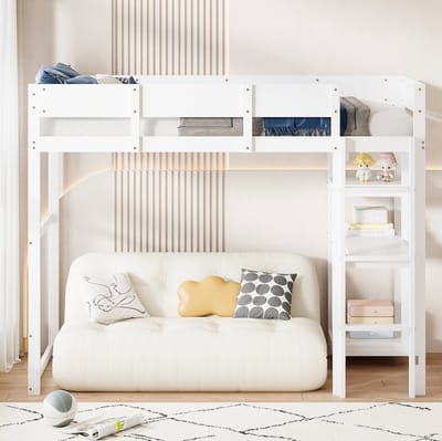 MEUNIQ Hoogslaper 90 x 200 cm met opbergrek, lattenbodem, veiligheidshekken en ruimte onder het bed, voor kinderkamer, wit