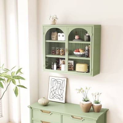 STILVORA Wandkast – Modern Ontwerp Met Gevlochten Patroon En 2 Deuren – 3 Lade-Niveaus Met Afneembare Legplank Voor Woonkamer Badkamer – Glas;Metaal – Groen
