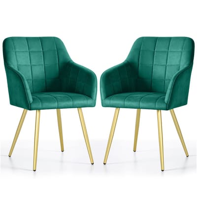 Set van 2 Eetkamerstoelen LUXANO met Armleuningen / Gestoffeerde Stoelen / Fluwelen Stoelen en Metalen Poten / Flesgroen met gouden benen