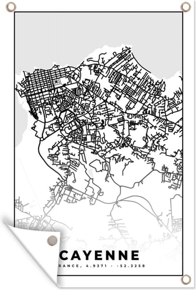 Muurdecoratie Stadskaart - Frankrijk - Kaart - Plattegrond - Cayenne - Zwart wit - 120x180 cm - Tuinposter - Tuindoek