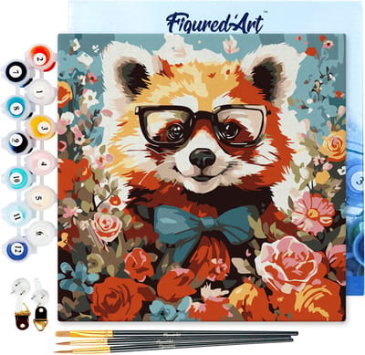 Figured'Art Mini Schilderen op Nummer Volwassenen 20x20cm met lijst Fantasie rode panda en bloemen - Klein Formaat Creatieve Hobby Kit DIY Art Nummer Compleet
