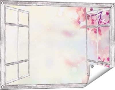 Gards Tuinposter Doorkijk Roze Bloesemboom met Zonneschijn - 90x60 cm - Tuindoek - Tuindecoratie - Wanddecoratie buiten - Tuinschilderij