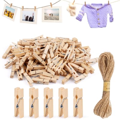 Dailygoods- Wasknijpers 150 Stuks - Kleine Houten Knijpers 3.5cm - Draagbare Knijpers voor Kleding/Foto's - Jute Touw 10m - Perfect voor Decoratie