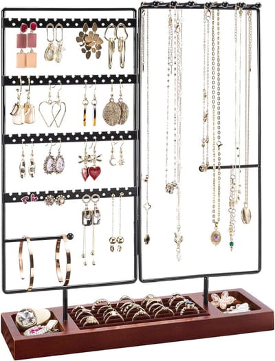 Sieraden Organizer en Oorbellen Houder met 144 Gaten - Ruimtebesparende Sieradenstandaard met Houten Tray