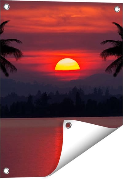 Gards Tuinposter Zonsondergang op het Strand met Palmbomen - 40x50 cm - Tuindoek - Tuindecoratie - Wanddecoratie buiten - Tuinschilderij