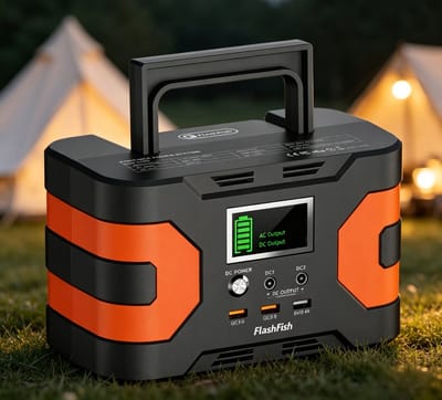 FlashFish EA200D - Draagbare Powerstation - Draagbare Energiecentrale 166Wh – 200W AC Zuivere Sinusgolf – 9 Uitgangen – QC3.0 Snelladen – 12V DC – Lichtgewicht 2,0kg – Voor Kamperen & Noodgevallen – BMS Beveiliging - 21x12x13cm – Zwart Oranje