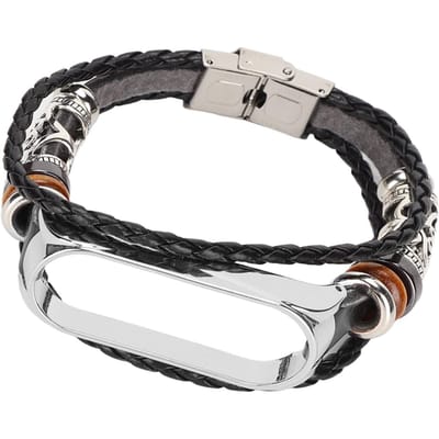Lederen band compatibel voor Xiaomi Mi Band 6 armbanden etnische stijl retro horlogeband polsbanden Black Silver black
