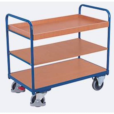 Etagewagen, staal/MDF-plaat, decor gentiaanblauw/beuken, 3 etages, 1000 x 600 mm, EasySTOP, tot 250 kg