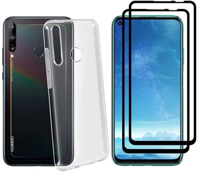 Hoesje Ultraslank geschikt voor Huawei p40 Lite e backcover siliconen Transparant en 2 stuks ScreenProtector Gehard Glas met zwarte randen