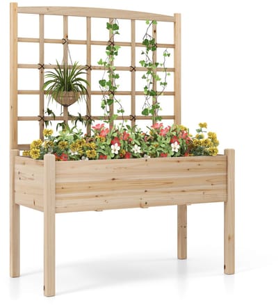 COSTWAY Bloembak met latwerk, dennenhout, plantenbak met rankrooster en drainagegat, tuinspalier voor klimplanten, verhoogd bed, bloembak, klimhulp, voor tuin, binnenplaats, balkon, natuur