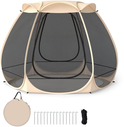 COSTWAY Pop-up tent voor 4-6 personen, opvouwbare outdoor campingtent met rondom mesh en draagtas en zonnedak, strandtent voor tuin, terras, achtertuin