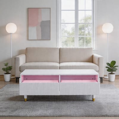 KOMHTOM - Moderne LED-salontafel - Golvend ladeblad - Goud-witte poten - Twee lades - LED-lichtstrip die van kleur verandert - Bijpassende tv-kast verkrijgbaar