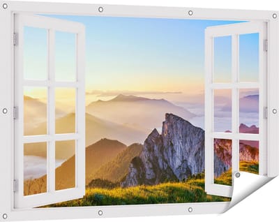 Gards Tuinposter Doorkijk Zonsopkomst in de Bergen in de Alpen - 120x80 cm - Tuindoek - Tuindecoratie - Wanddecoratie buiten - Tuinschilderij