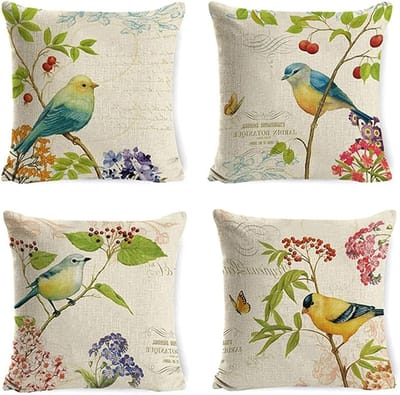 Decoratieve Kussenhoezen Set van 4, 45 x 45 cm, Bloemen en Vogels Motief, Ideaal voor Bank, Slaapkamer en Woonkamer, Perfecte Accessoires voor Thuis en Auto