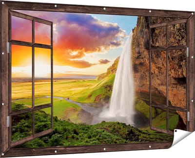 Gards Tuinposter Doorkijk Waterval in IJsland met Zonsondergang - 180x120 cm - Tuindoek - Tuindecoratie - Wanddecoratie buiten - Tuinschilderij