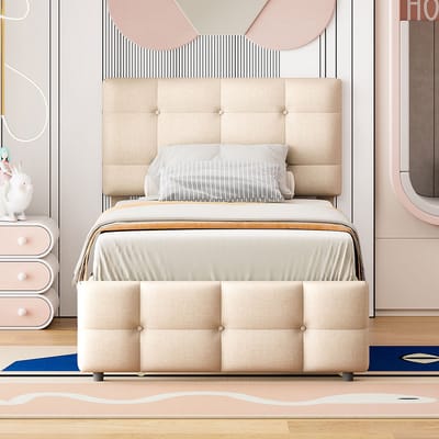 STILVORA Gestoffeerd Bed 90x200 cm – Uittrekbed Voor Extra Slaapplaats – Verstelbaar Hoofdbord – Met Lattenbodem – Zonder Matras – Linnen – Beige