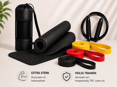 Fitness Set voor Thuis – Yogamat 183x61 cm – Springtouw 2,5 m – 3 Weerstandsbanden – Home Workout Sport Set – Zwart