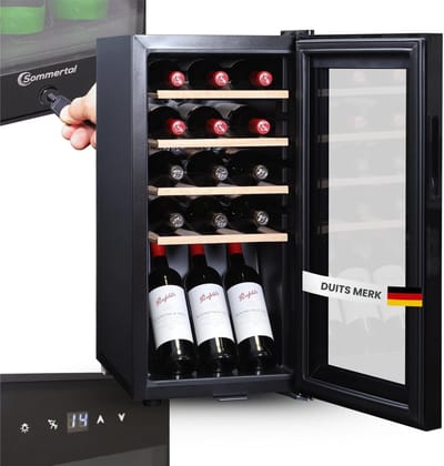 Sommertal WK 50 wijnkoeler – 15 flessen, instelbaar van 5–20 °C, afsluitbaar, ledverlichting, glazen deur, touchscreen, 4 houten planken, stil en energiezuinig, uv-bestendige beglazing [energieklasse F]