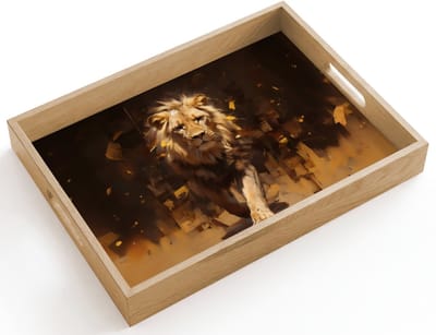 Dienblad hout 40x30 cm - Schootdienblad - Leeuw - Geschilderd - Abstract - Goud - Borrelplank rechthoek - Plateau dienbladen