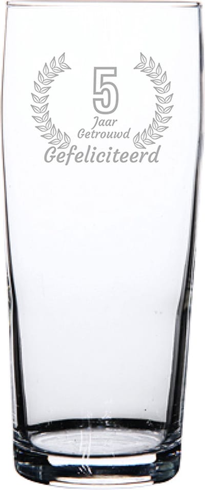 Gegraveerde bierfluitje 19cl Gefeliciteerd 5 jaar getrouwd