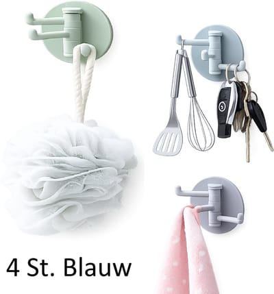 Zelfklevende Wandhaken I Handdoek Haak I Bestek Haak I Handdoek Houder I Draaibare Haak I 4 Stuk I Blauw