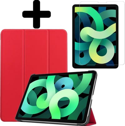 Hoes - Geschikt voor Apple iPad Air 4 (2020) - 10.9 inch - 4e Generatie - Met Screenprotector - Trifold Bookcase - Hard Cover - Hardcover Book Case - Tablet Hoesje - Rood