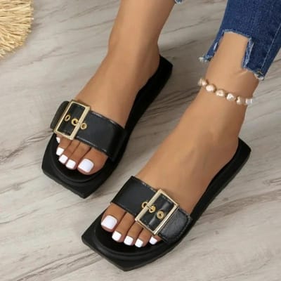Chaussures pour femmes Mode Sandales quotidiennes à bout ouvert Pantoufles pour femmes Grande taille Sandales à boucles pour femmes Pantoufles à plateforme plate pour femmes 43 noir